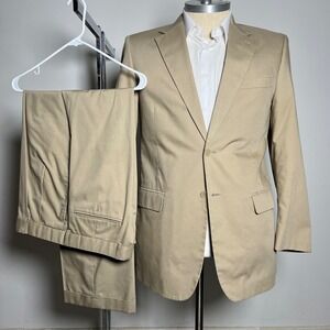 Haspel Perfect Poplin Suit Mens 42L 36x30.5 Khaki Solid Cotton Blend Stretch